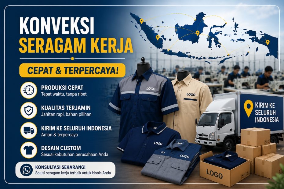Konveksi seragam kerja cepat dengan desain custom dan layanan pengiriman ke seluruh Indonesia.