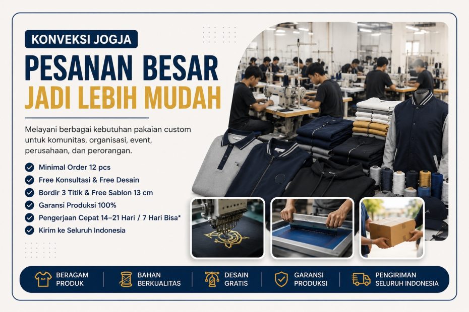 Konveksi Jogja untuk pesanan besar dengan layanan pakaian custom, bordir, sablon, desain gratis, dan pengiriman seluruh Indonesia
